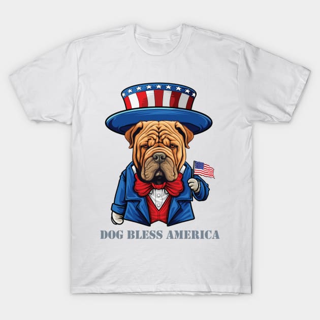 Funny 4th of July Chinese Shar Pei Dog Bless America T-Shirt by whyitsme